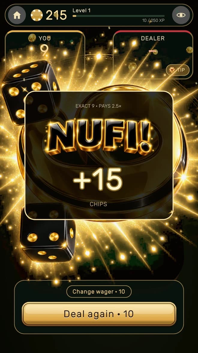 A Nufi win: an exact 9 pays 2.5 times the bet, with black and gold dice bursting from the table