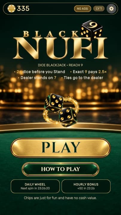 The Black Nufi lobby with the Play button, the daily wheel and the hourly bonus