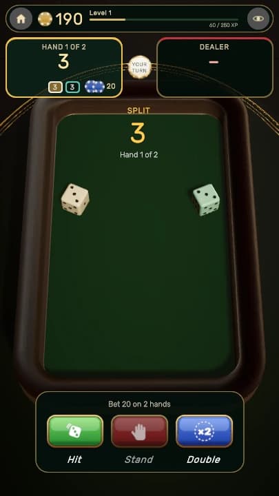 A split hand on the Black Nufi dice table, with Hit, Stand and Double buttons