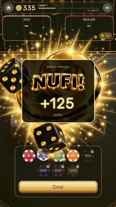 A Black Nufi win: an exact 9 paying 2.5 times the bet, with black and gold dice on the table