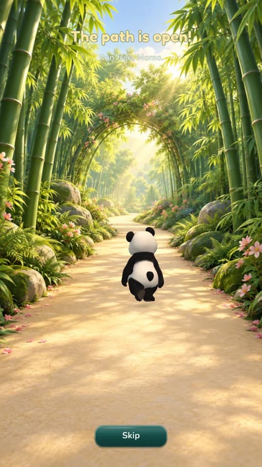 Momo walking into a sunlit bamboo forest after completing a level