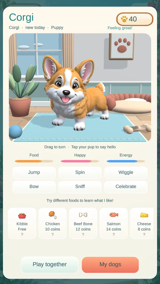 The Corgi in its furnished 3D room, with feeding choices, needs and six playful actions