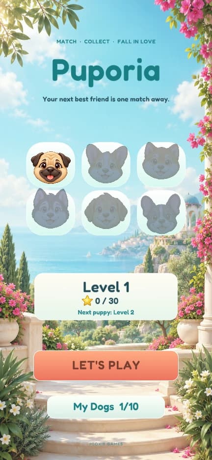 The Puporia home screen in a sunlit garden, with the next level, stars and My Dogs