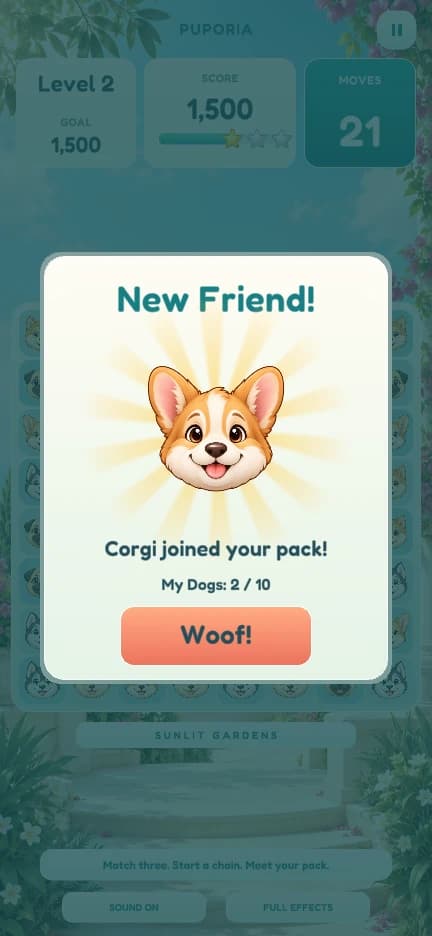 A New Friend card in Puporia announcing that a Corgi joined your pack