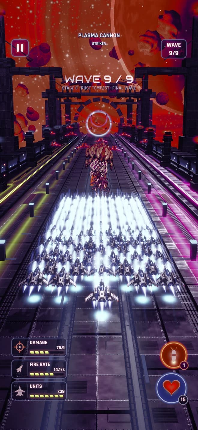 A Starvex fleet of 39 ships firing down a neon space highway