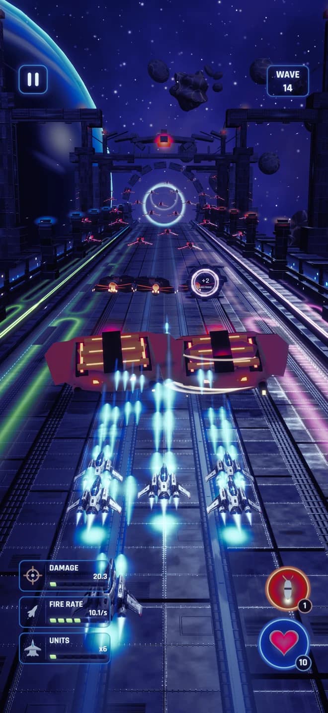 Starvex gameplay with an upgraded fleet firing along a neon space highway