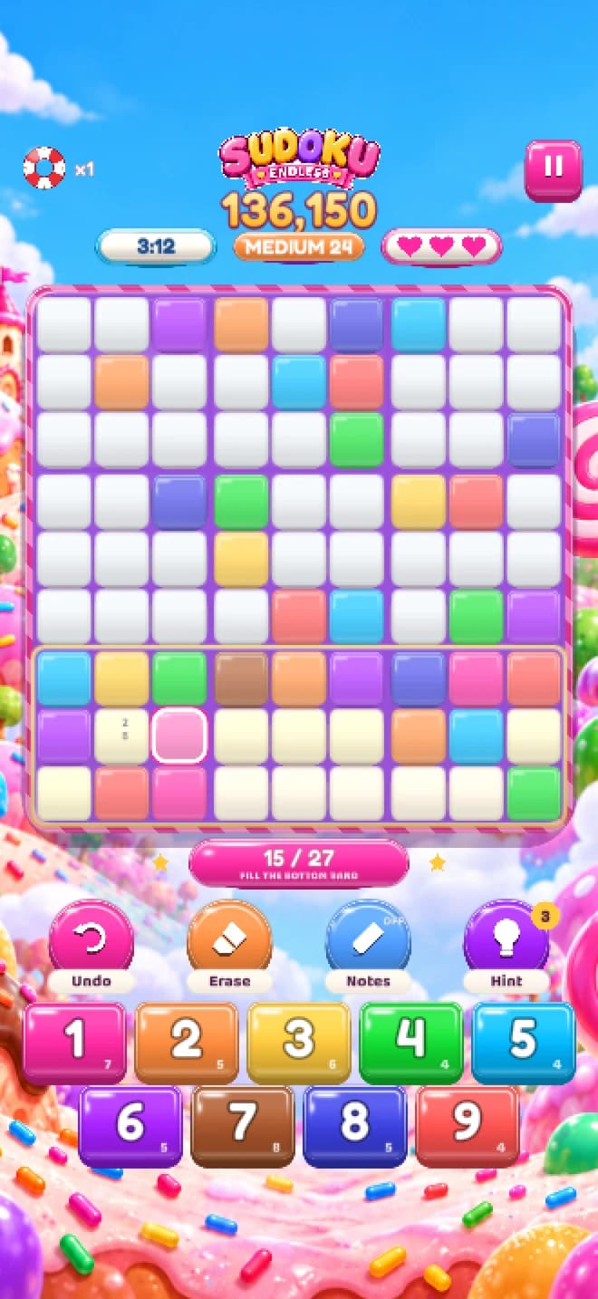 The Colors Only challenge in Sudoku Endless, with colored tiles replacing numbers on the board