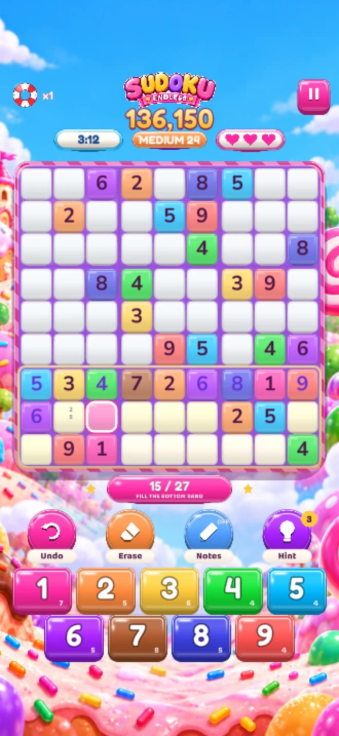 Sudoku Endless gameplay with colored number tiles, a band timer, three hearts, and a two-row keypad