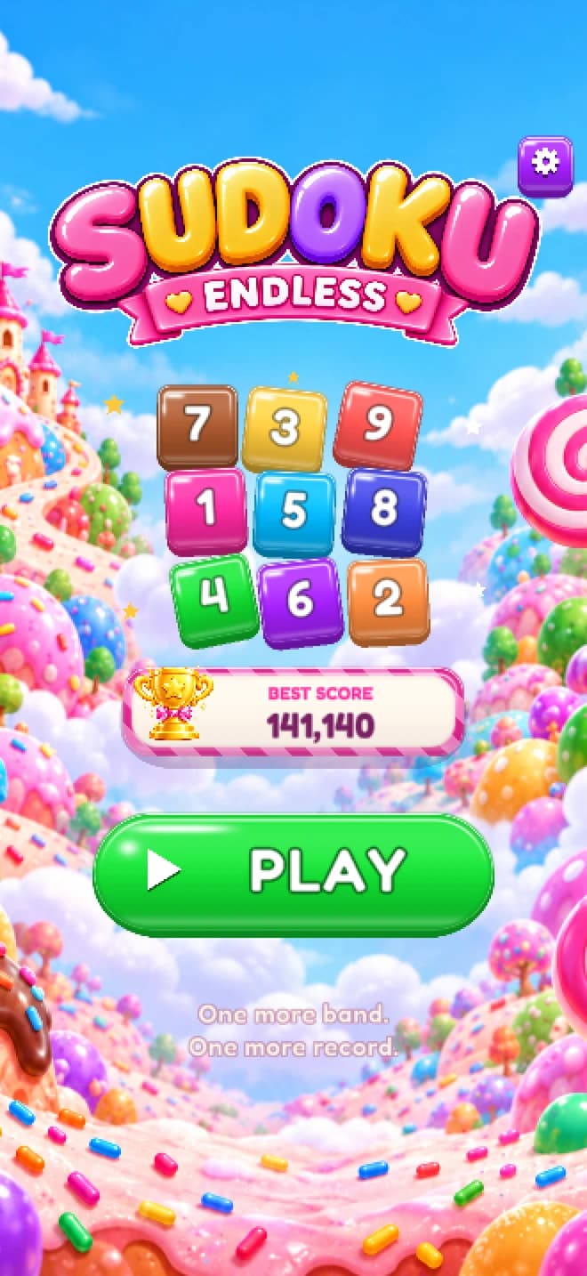 The updated Sudoku Endless home screen with candy artwork, a best score, and a green play button