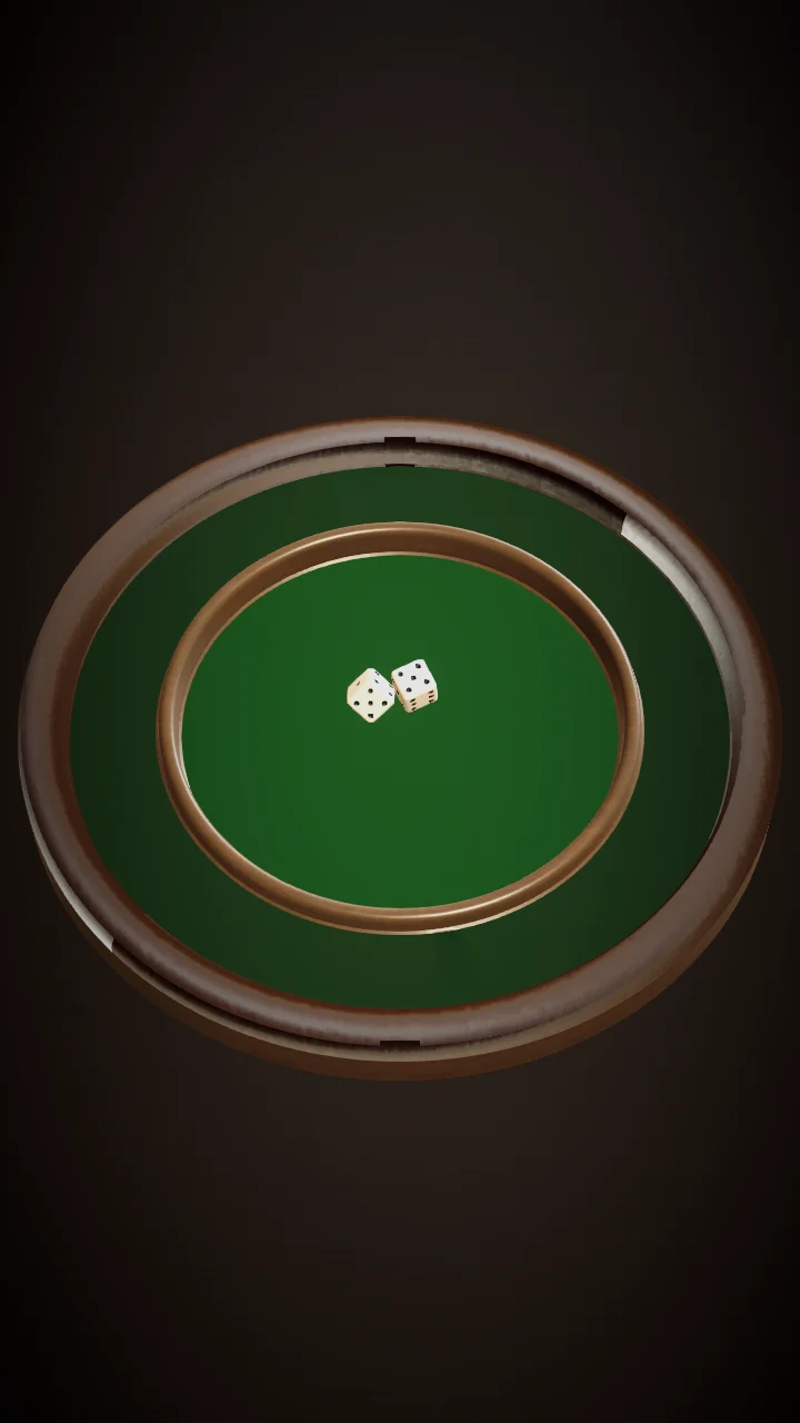 Two dice resting in the felt dice pit of the round Nofi Dice table