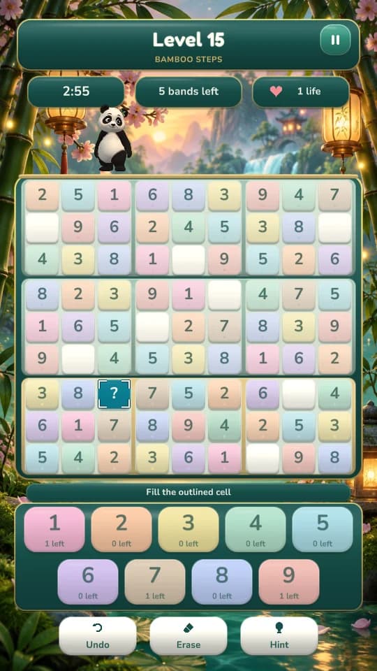 Sudoku Panda Puzzle with pastel number tiles and a two-row keypad
