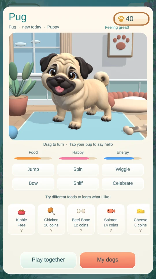 Pug in Puporia’s 3D room, with food, happiness and energy meters, treats and six action buttons