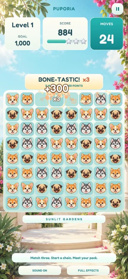 Puporia gameplay: an 8×8 board of dog tiles with a ×3 cascade bonus, the level goal, score and moves left